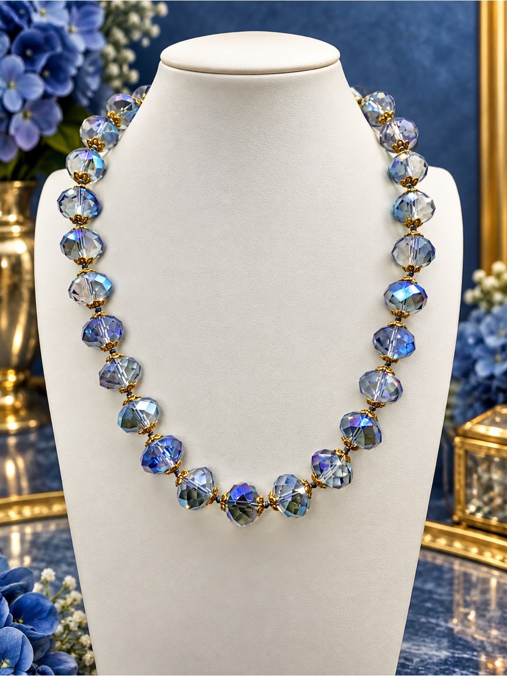 Clear Blue AB faceted. 16 mm hand knotted  20 inch necklace Aprilsplace